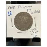 1908 Philippines 50 Centavos Coin