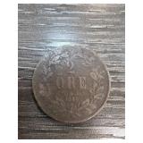 1853 Swedish 2 Ore Coin with Laurel Wreath