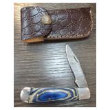 Damascus Folding Knife with Leather Sheath