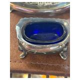 Metal Footed Salt Cellar With Cobalt Glass Insert