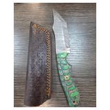 Custom Knife with Green Handle and Tooled Sheath