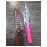 Custom Knife with Pink Handle and Leather Sheath