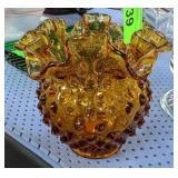 Vintage Fenton Amber Hobnail Ruffled Glass Vase