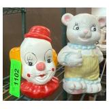 Two Ceramic Coin Banks Clown & Bear