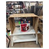 White Wood Bench and Woven Seagrass Table