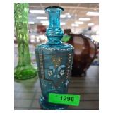 Hand-Painted Blue Glass Bottle with Floral Design