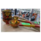 Russian Hand-Painted Wooden Cups and Ladles