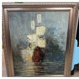 Framed Sailing Ship Oil Painting on Canvas
