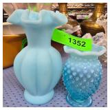 2 Fenton Blue Satin Melon Ruffle Vase & Hobnail