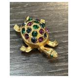 Gold-Tone Turtle Brooch With Colored Gemstones