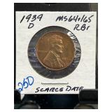 1939-D Lincoln Wheat Cent MS64+ RB