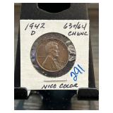 1942-D Lincoln Wheat Cent, Graded 63/64 CHUNC