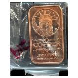 .999 Fine Copper Bar Featuring Liberty Design
