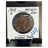 1942-S Lincoln Wheat Cent MS65+ RB