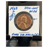 1963-D Lincoln Cent DDO-005 Graded 64 RD