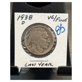 1938 D Buffalo Nickel in VG/Fine Condition