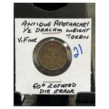 Antique Apothecary 1/2 Drachm Weight Token
