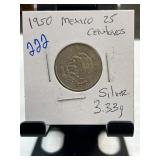 1950 Mexico 25 Centavos Silver Coin