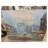 Framed European Street Scene Painting on Canvas