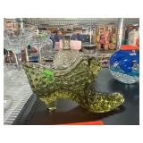 Green Glass Shoe with Hobnail Design
