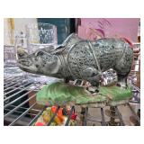 Ceramic Rhino Figurine With Green Base As Is