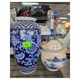 Blue and White Ceramic Vase and Lidded Jar