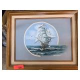 Framed Nautical-Inspired Painting of Ship