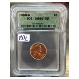 1958-D Lincoln Wheat Cent, ICG MS67 RD