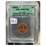 1964-D Lincoln Cent ICG MS67 RD Graded
