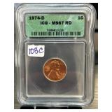 1974-D Lincoln Cent, MS67 RD by ICG