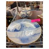 Blue-and-White Plate and Teapot Set with Windmill
