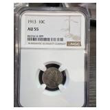 1913 Barber Dime Graded AU 55 by NGC