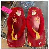 Traditional Japanese Wooden Sandals with Red Strap