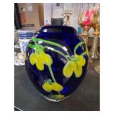 Handcrafted Cobalt Blue Glass Vase with Floral Des