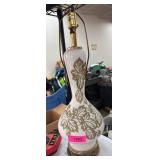 Mid Century White and Gold Floral Table Lamp