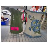 Two Ceramic Pitchers with Floral and Solid Designs