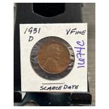 1931-D Lincoln Wheat Cent in Very Fine Condition