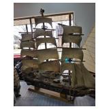 Wooden Model Ship with Fabric Sails