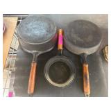 3 Cast Iron Pans With Wooden Handles