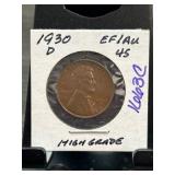 1930-D Lincoln Wheat Cent EF/AU Grade 45