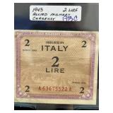 1943 Allied Military Currency 2 Lire Note