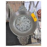 Antique Pewter Decorative Metal Dish with Ornate H