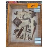 Framed Display of Vintage Keys and Tools