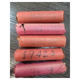 Five Rolls of 1940s Wheat Cents