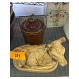 Ceramic Cow Figurine and Brown Lidded Pot