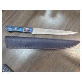 Damascus Steel Knife with Blue Handle and Sheath