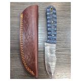 Damascus Steel Knife with Blue Handle and Sheath