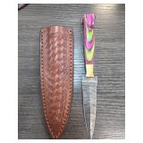 Damascus Steel Blade Knife with Leather Sheath