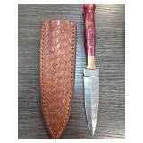 Damascus Steel Knife with Red Handle and Sheath