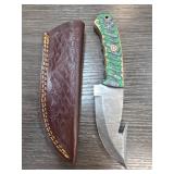 Damascus Blade Gut Hook Knife with Leather Sheath